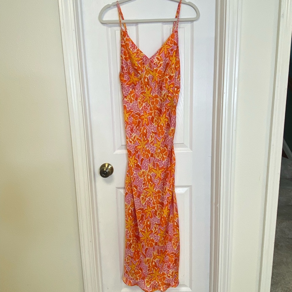 Floral Vici Collections Midi Dress, Orange and Pink Size Large